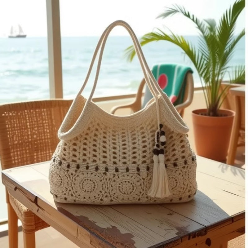 Wooden Bead Tassel Shoulder Woven Bag