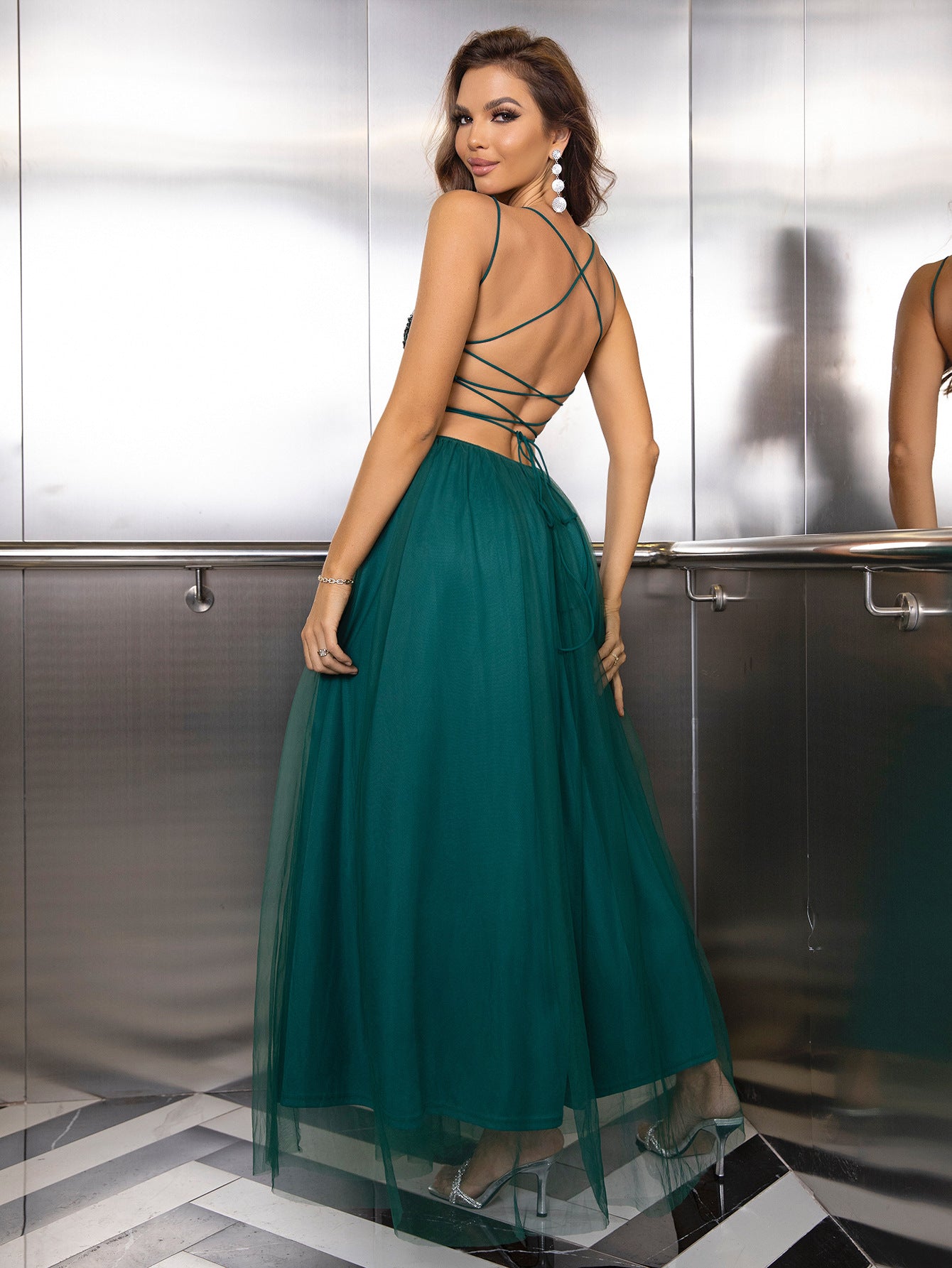 Sequin Gauze Stitching Evening Dress