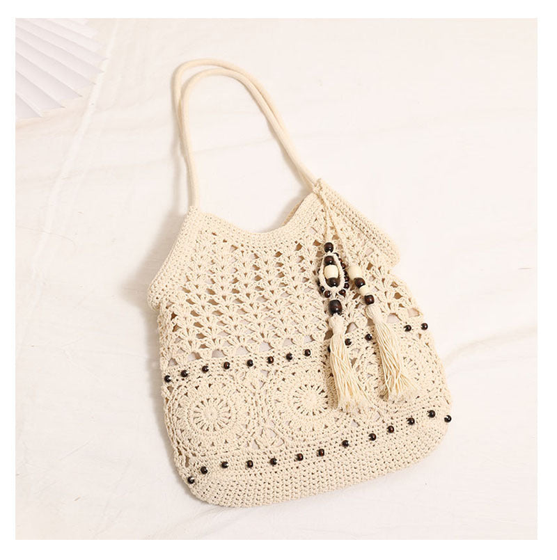 Wooden Bead Tassel Shoulder Woven Bag