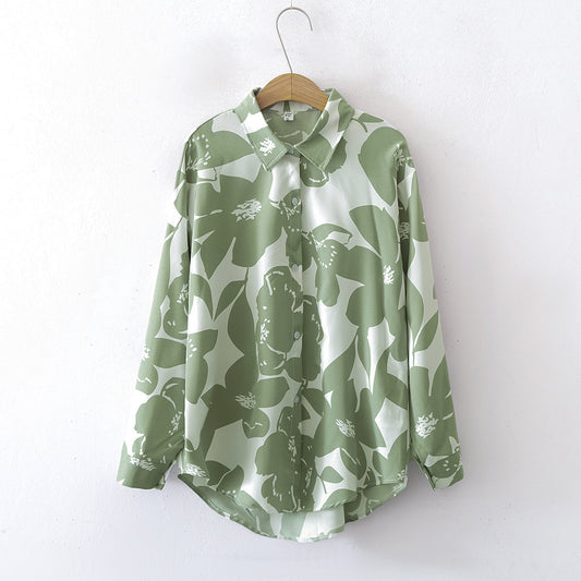 Women Floral Loose Collared Long Sleeves Shirt