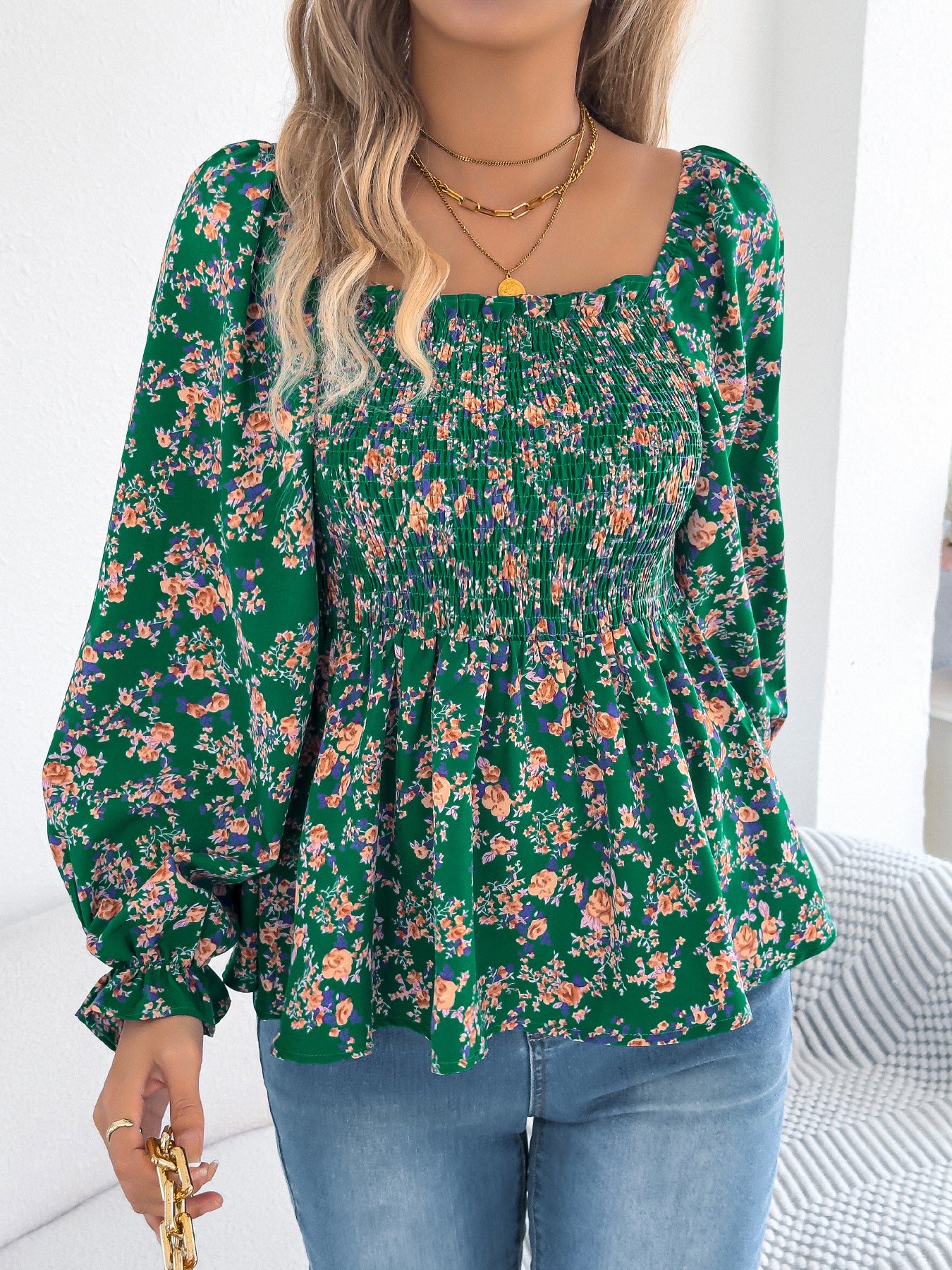 Casual Square Collar Bell Sleeve Floral Chiffon Top