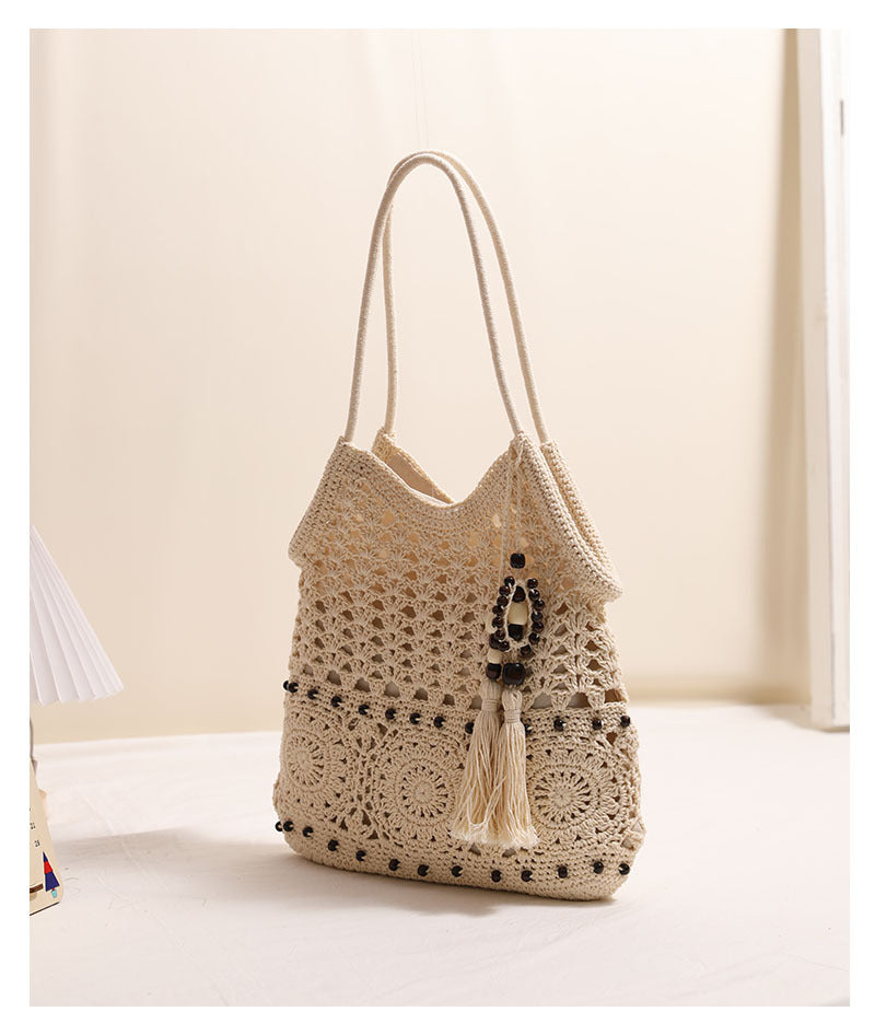 Wooden Bead Tassel Shoulder Woven Bag
