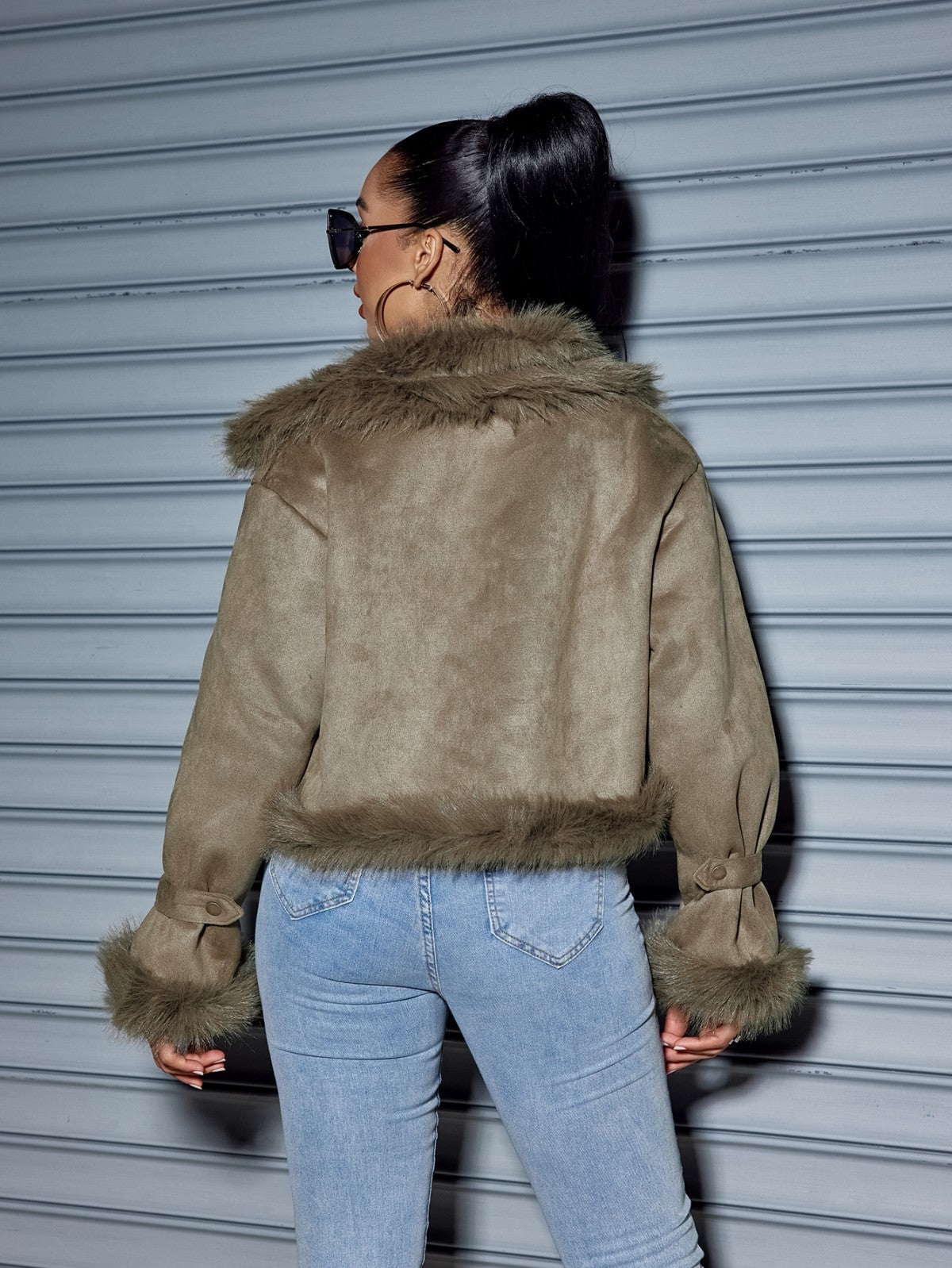 Olive Faux Fur Trim Crop