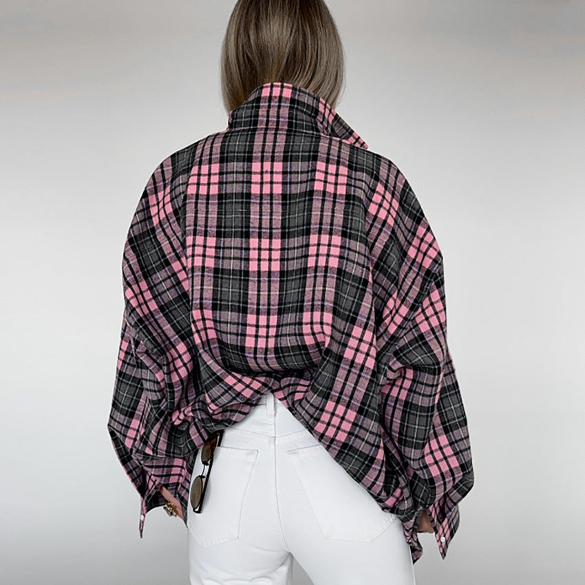 Loose Pink Plaid Long Sleeve Top