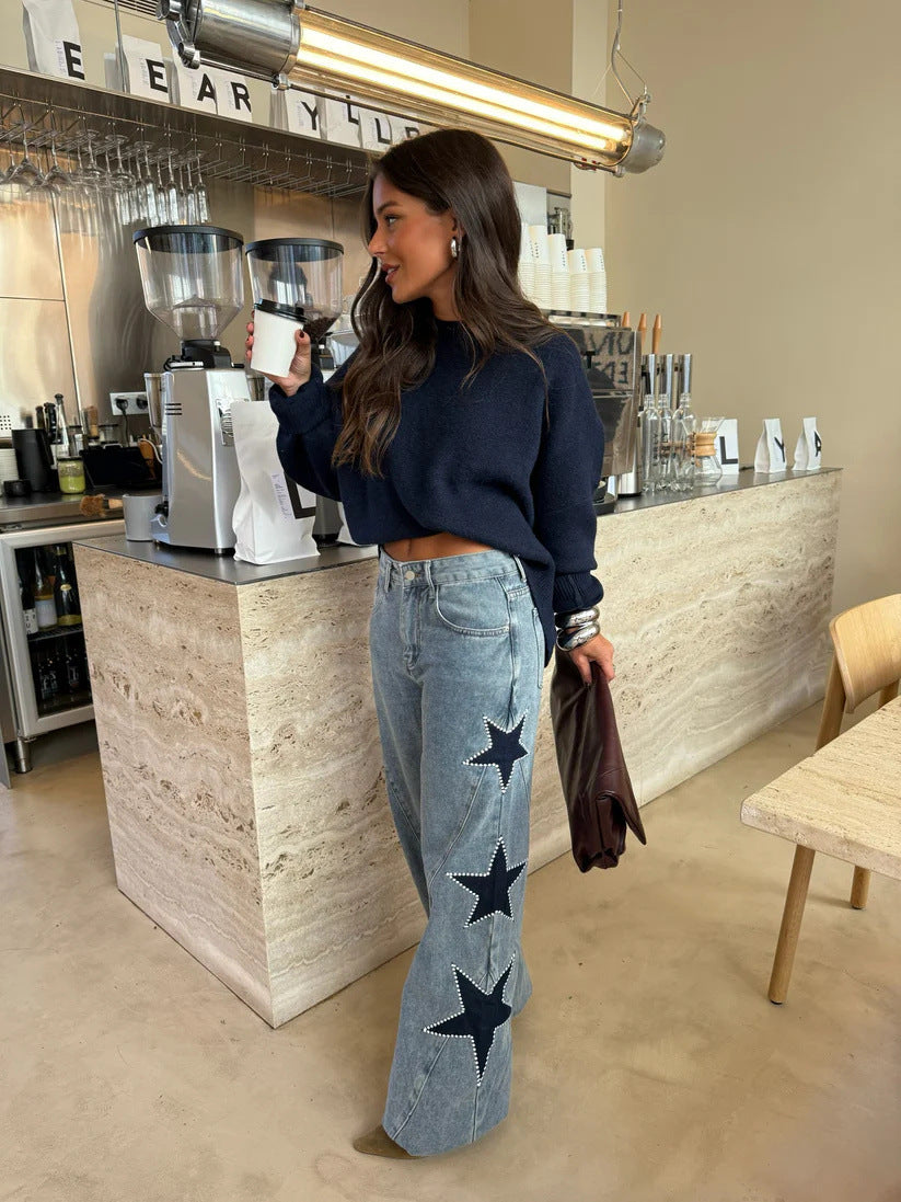 Casual Five Pointed Star Loose Straight Denim Pants