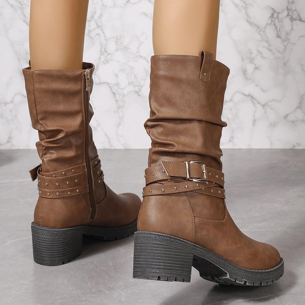 Brown Pleated Mid Calf Casual Boots