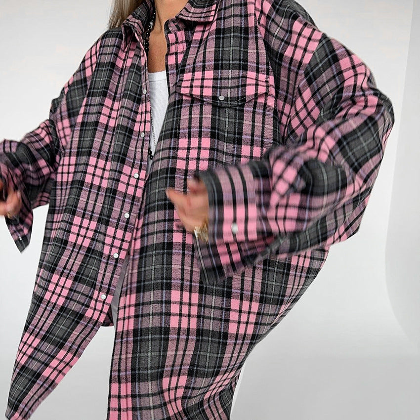 Loose Pink Plaid Long Sleeve Top