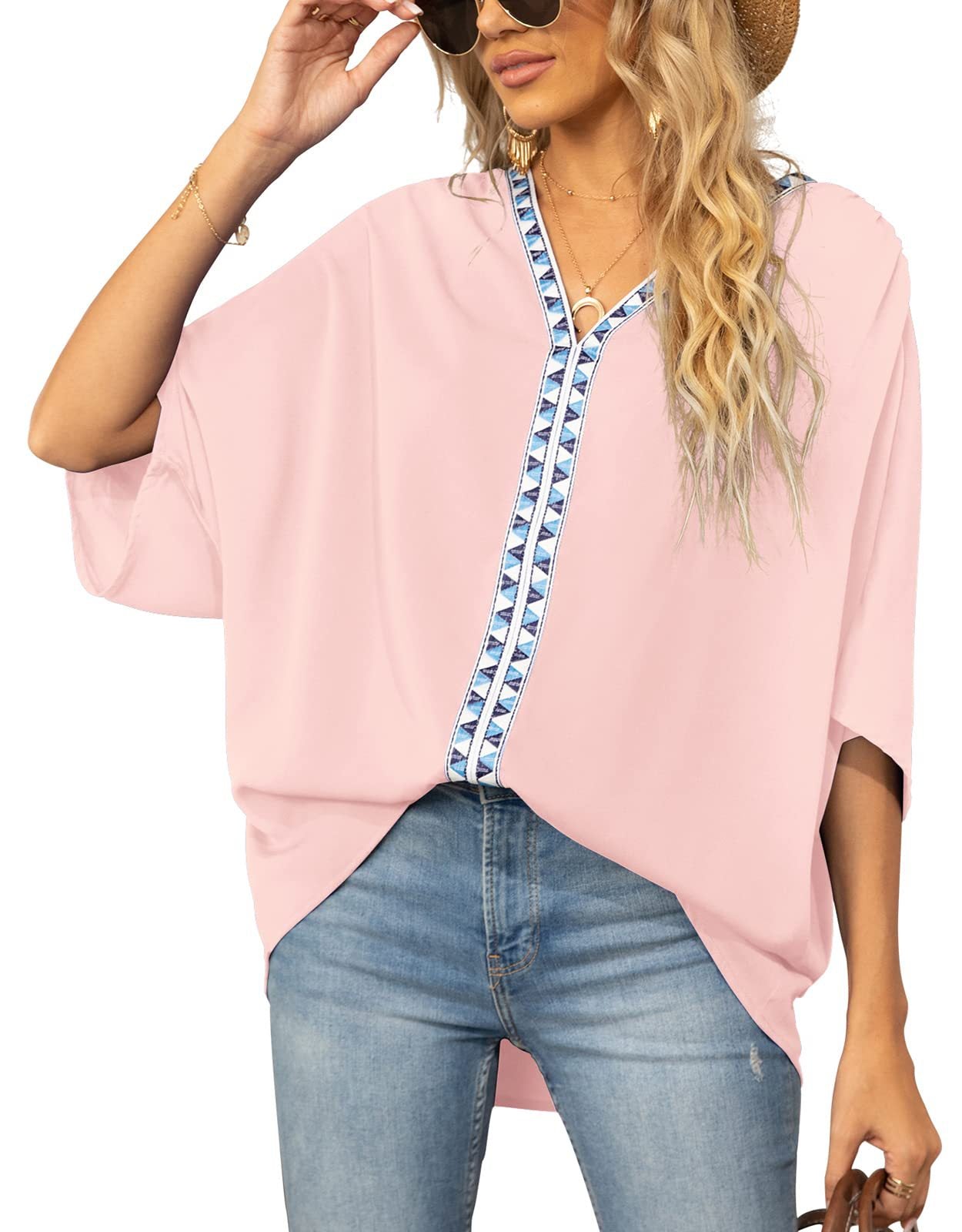 Batwing Sleeve Chiffon Shirt with V-Neckline and Short Sleeves