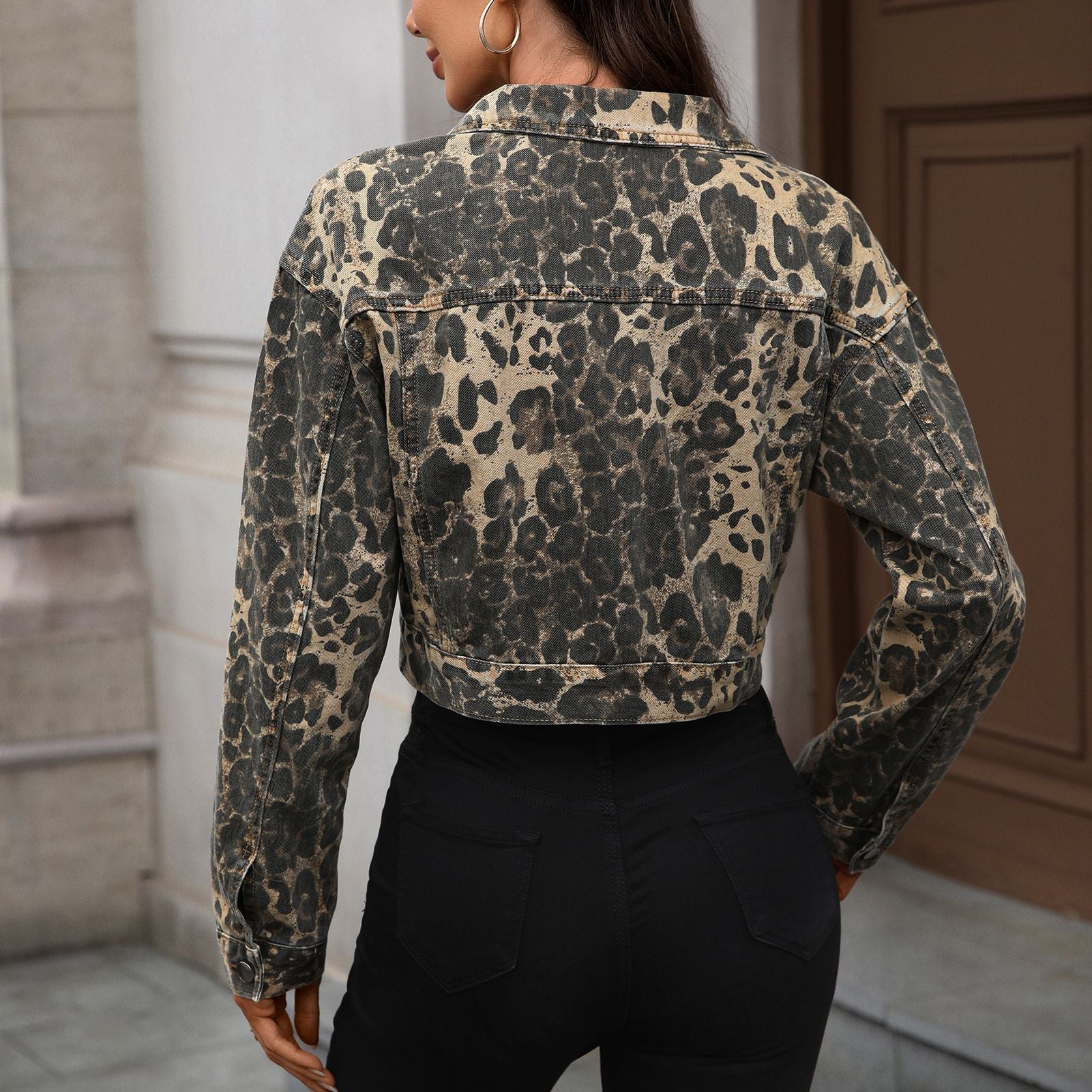 Leopard Print Denim Short Coat