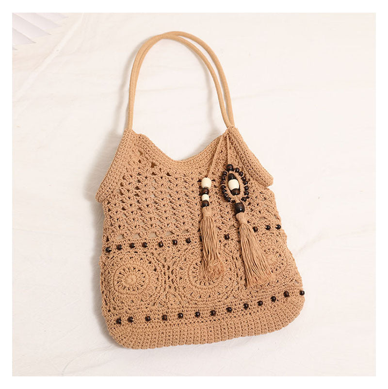 Wooden Bead Tassel Shoulder Woven Bag