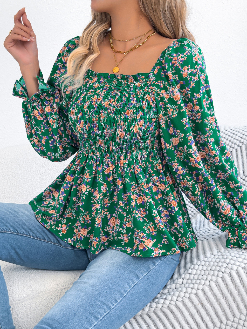 Casual Square Collar Bell Sleeve Floral Chiffon Top