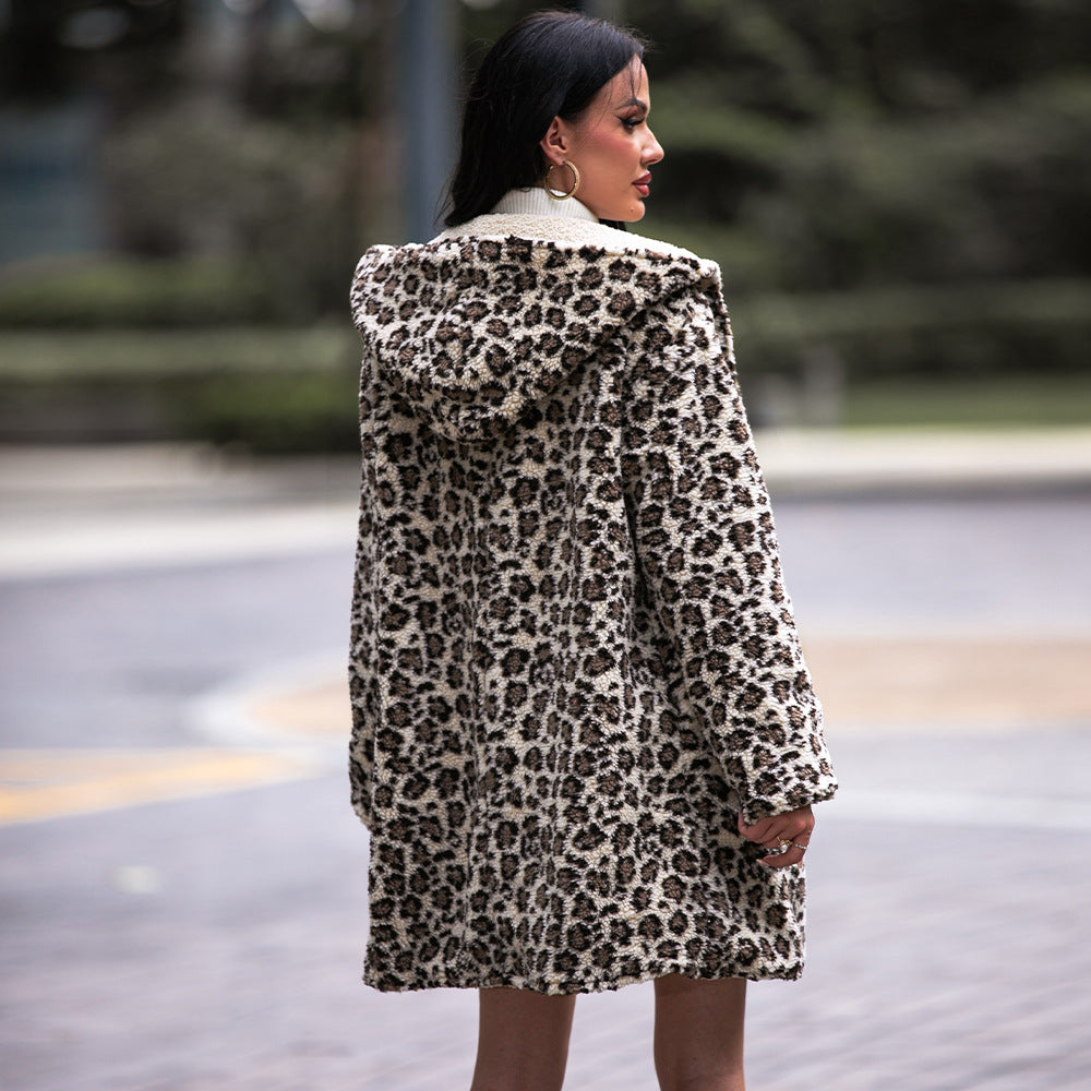 Elegant Hooded Mid Length Fluffy Leopard Cardigan