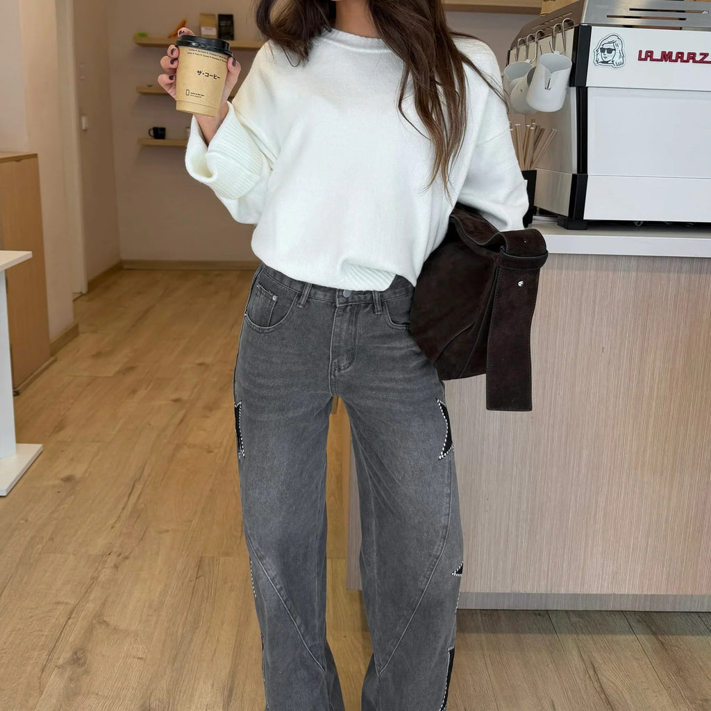 Casual Five Pointed Star Loose Straight Denim Pants