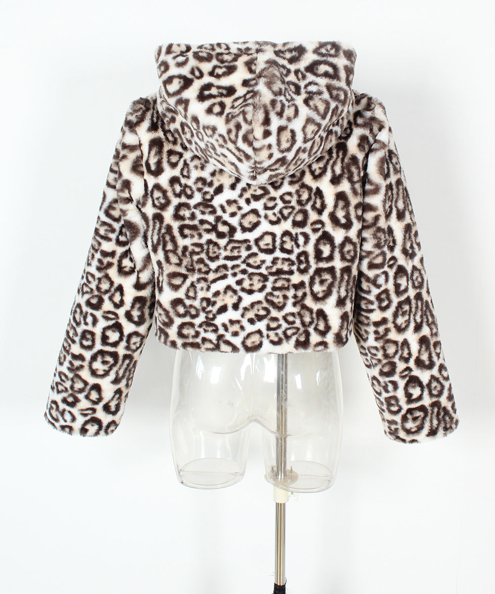 Casual Hooded Faux Fur Leopard Crop