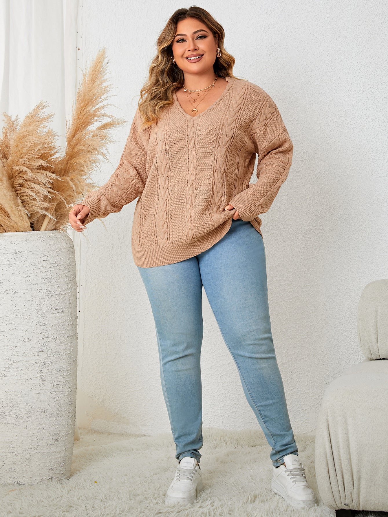 Plus Size Loose V neck Casual Long Sleeve Top