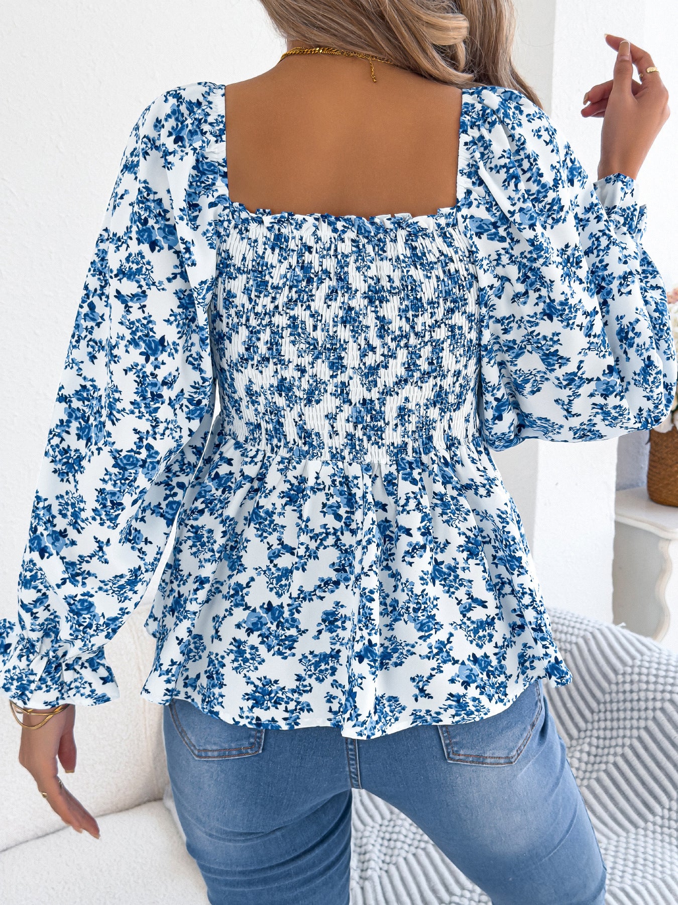 Casual Square Collar Bell Sleeve Floral Chiffon Top