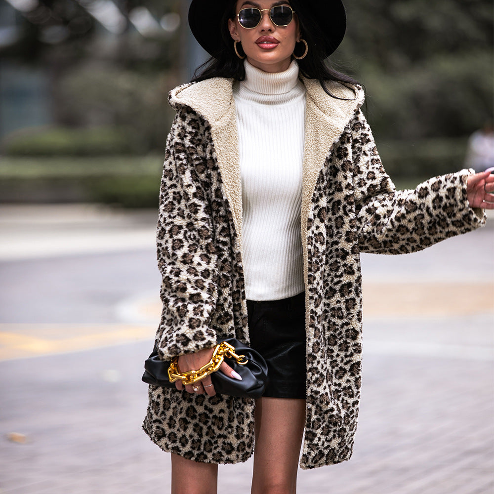 Elegant Hooded Mid Length Fluffy Leopard Cardigan