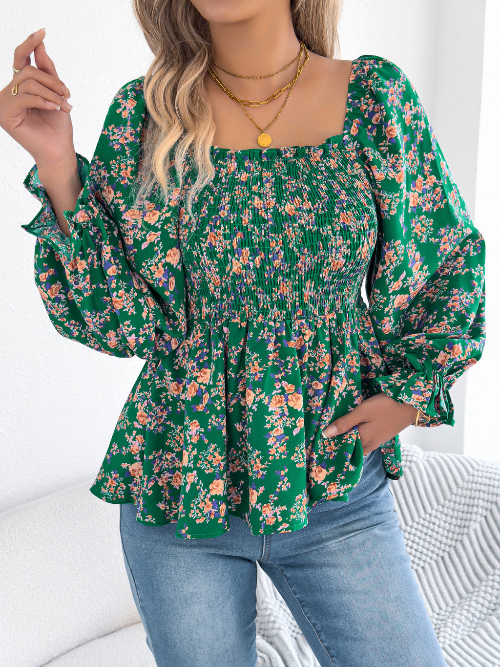 Casual Square Collar Bell Sleeve Floral Chiffon Top