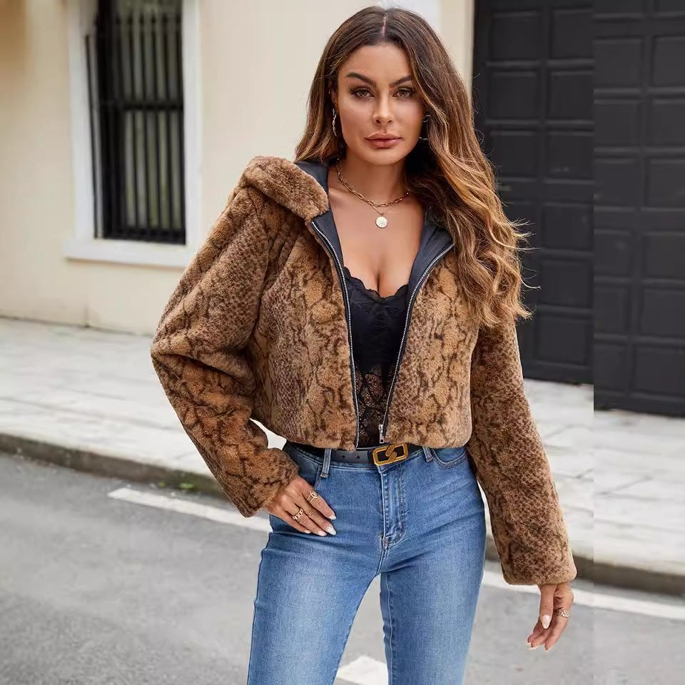 Casual Hooded Faux Fur Leopard Crop