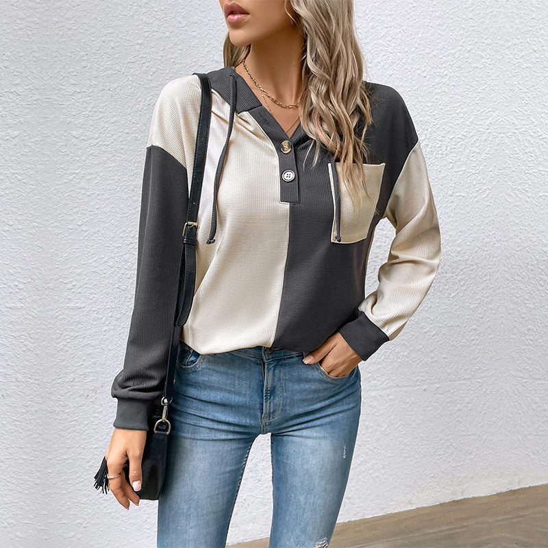 Hooded Contrast Pocket Blouse