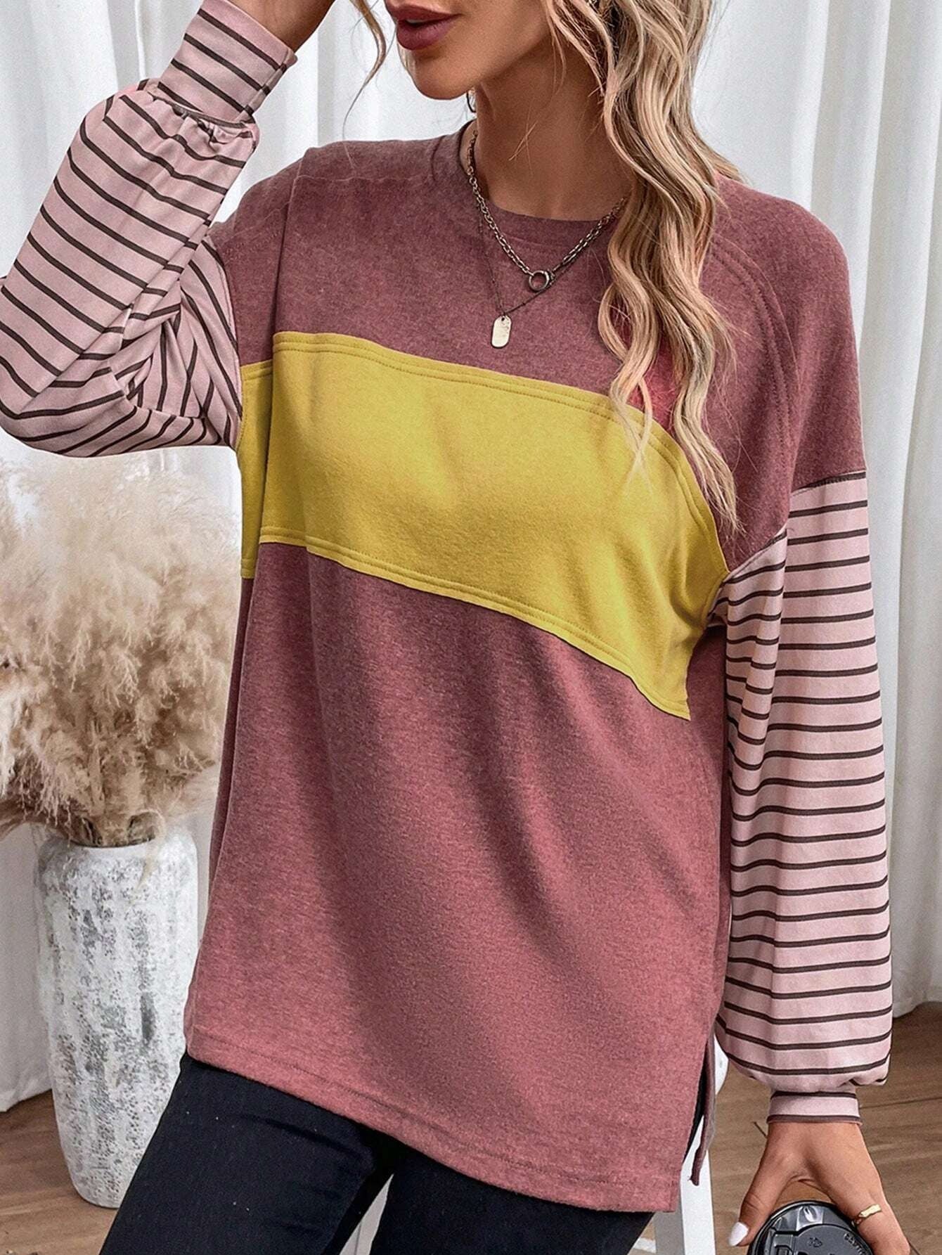 Long Sleeve Crew Neck Striped Pull Over