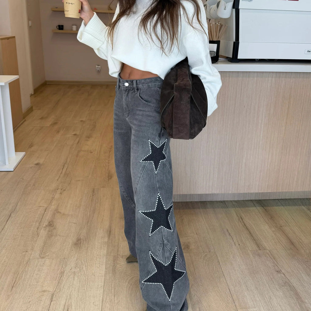 Casual Five Pointed Star Loose Straight Denim Pants