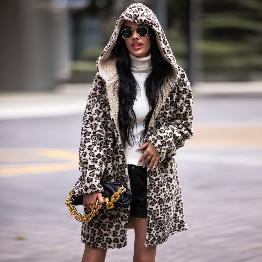 Elegant Hooded Mid Length Fluffy Leopard Cardigan