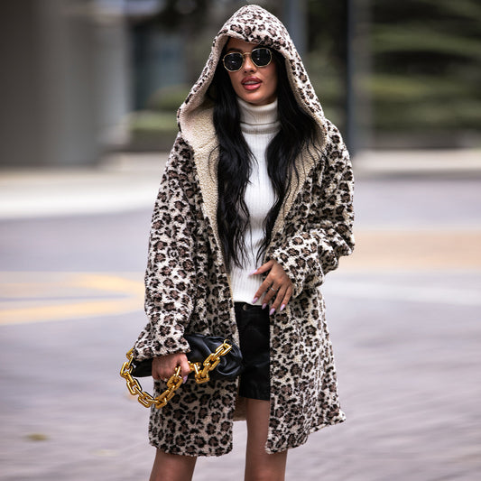 Elegant Hooded Mid Length Fluffy Leopard Cardigan