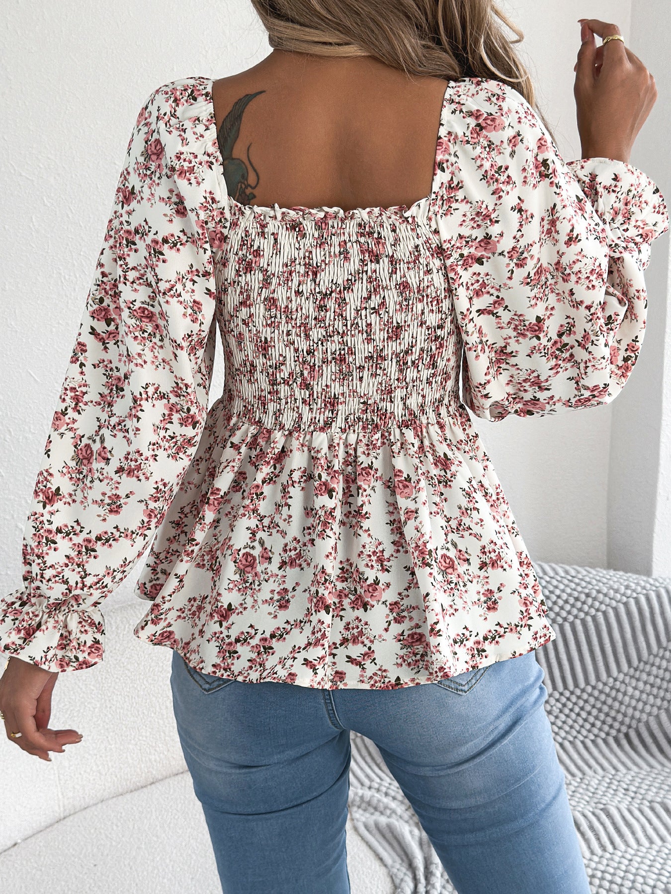Casual Square Collar Bell Sleeve Floral Chiffon Top
