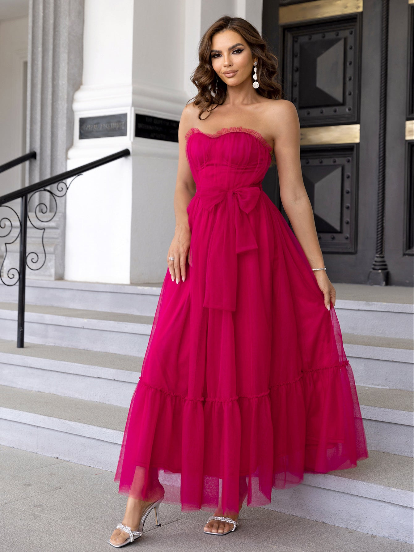 Mesh Lace up Ruffled Tied Maxi Dress