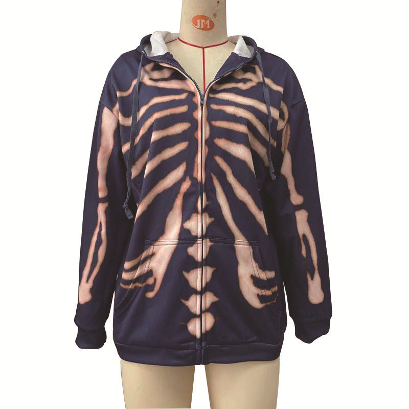 Skeleton Print Zip Hoodie