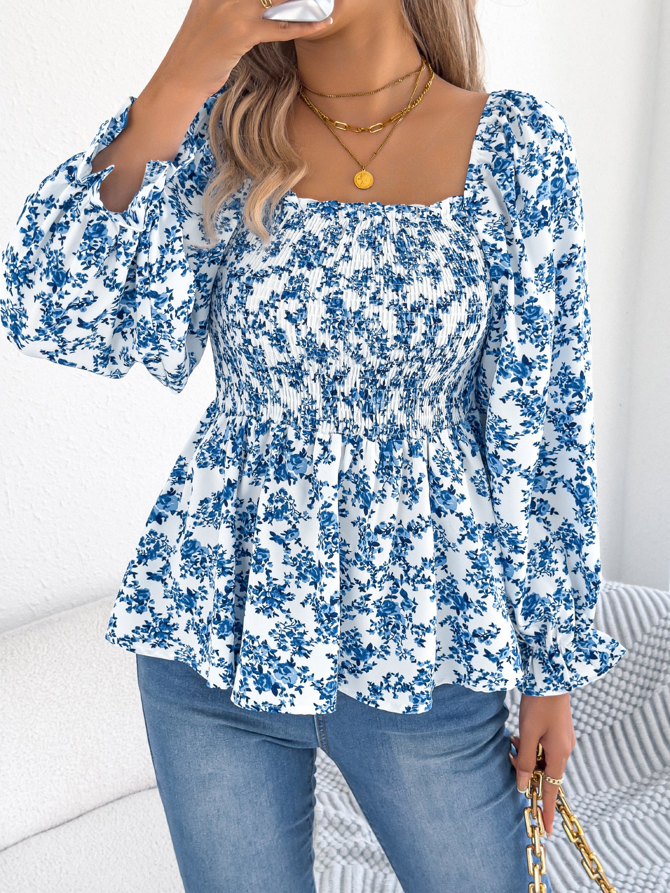 Casual Square Collar Bell Sleeve Floral Chiffon Top