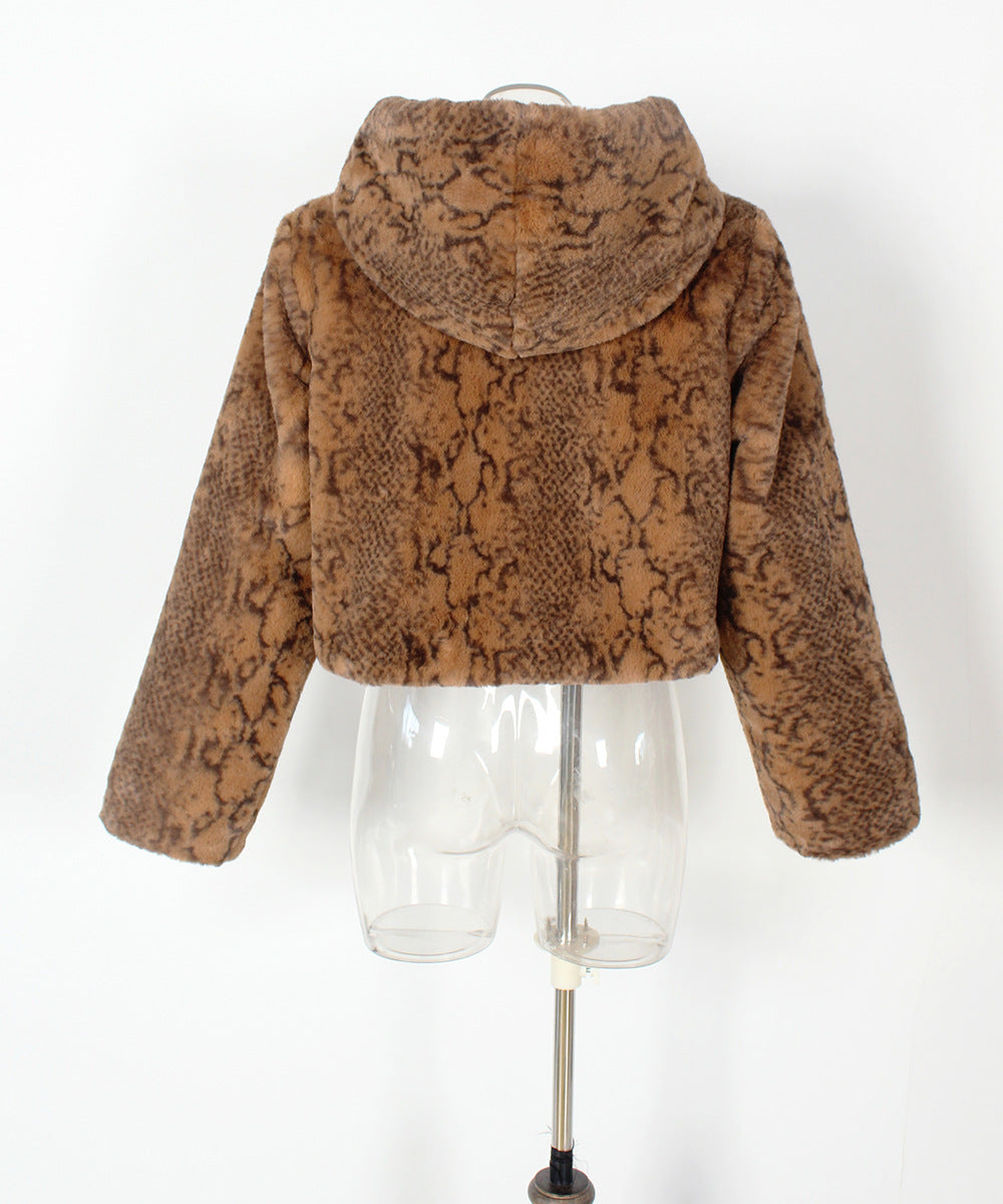 Casual Hooded Faux Fur Leopard Crop