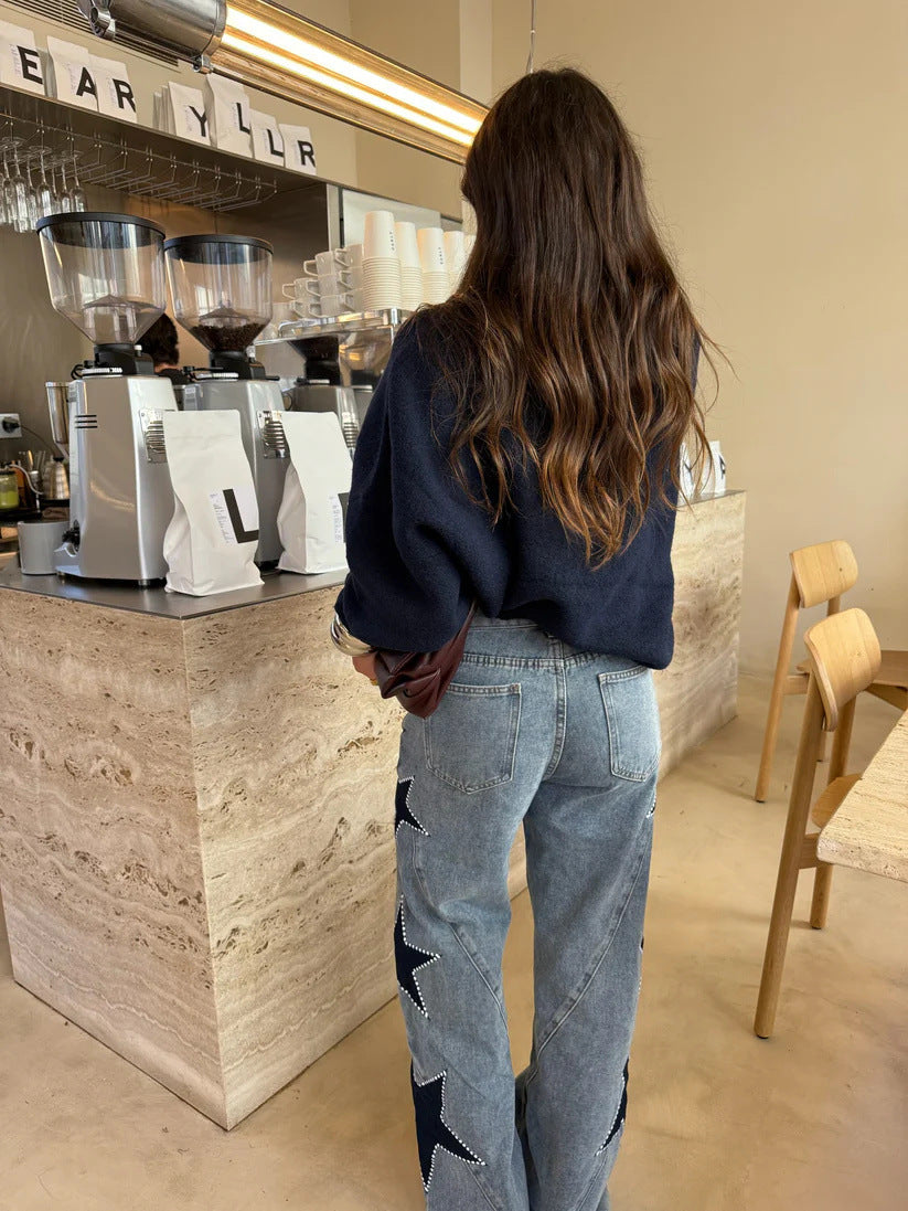 Casual Five Pointed Star Loose Straight Denim Pants