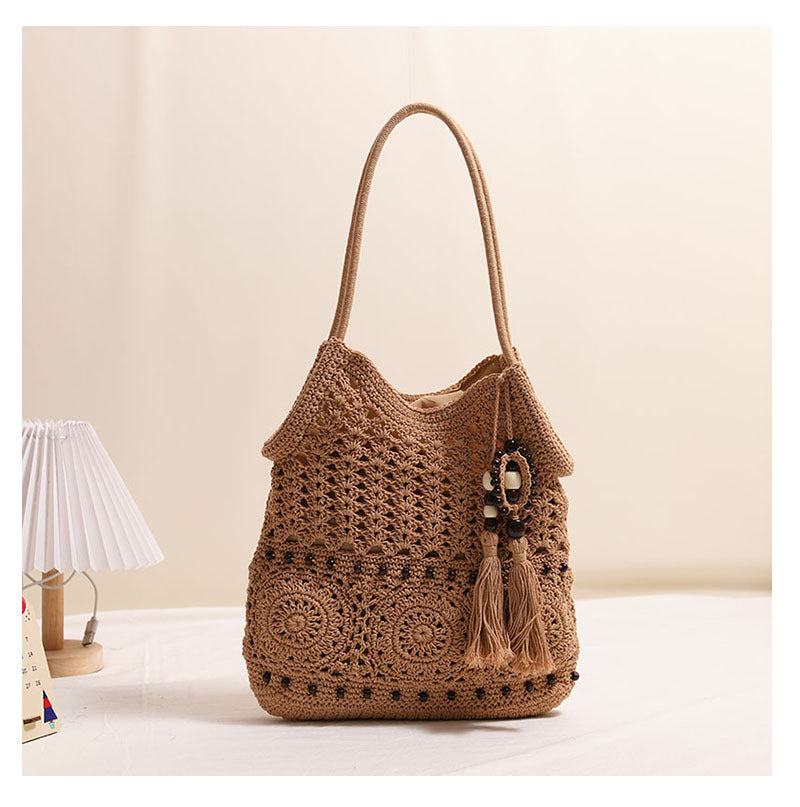 Wooden Bead Tassel Shoulder Woven Bag