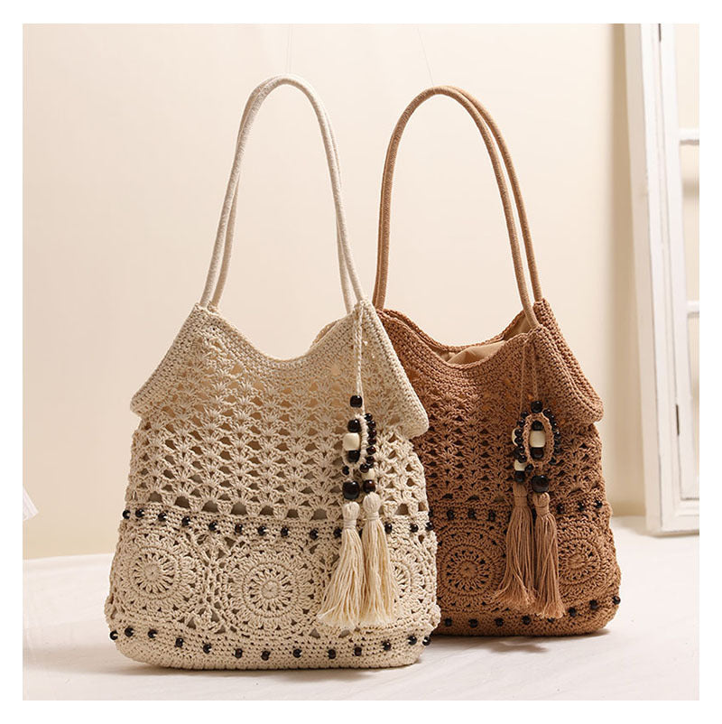 Wooden Bead Tassel Shoulder Woven Bag