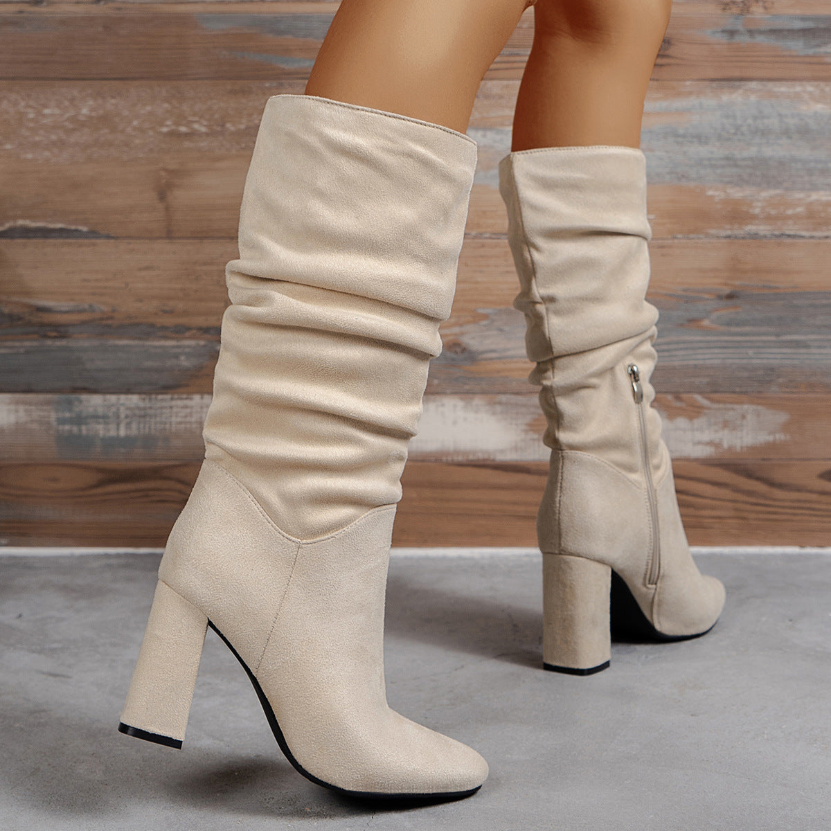 Microfiber Chunky Heel High Top High Heel Boots