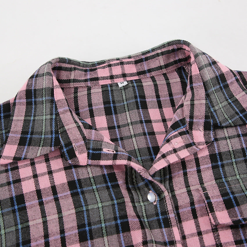 Loose Pink Plaid Long Sleeve Top