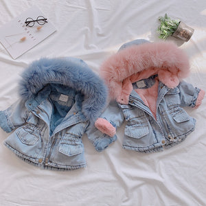 OLEKID  Winter Baby Girl Denim Jacket Plus Velvet Real Fur Warm