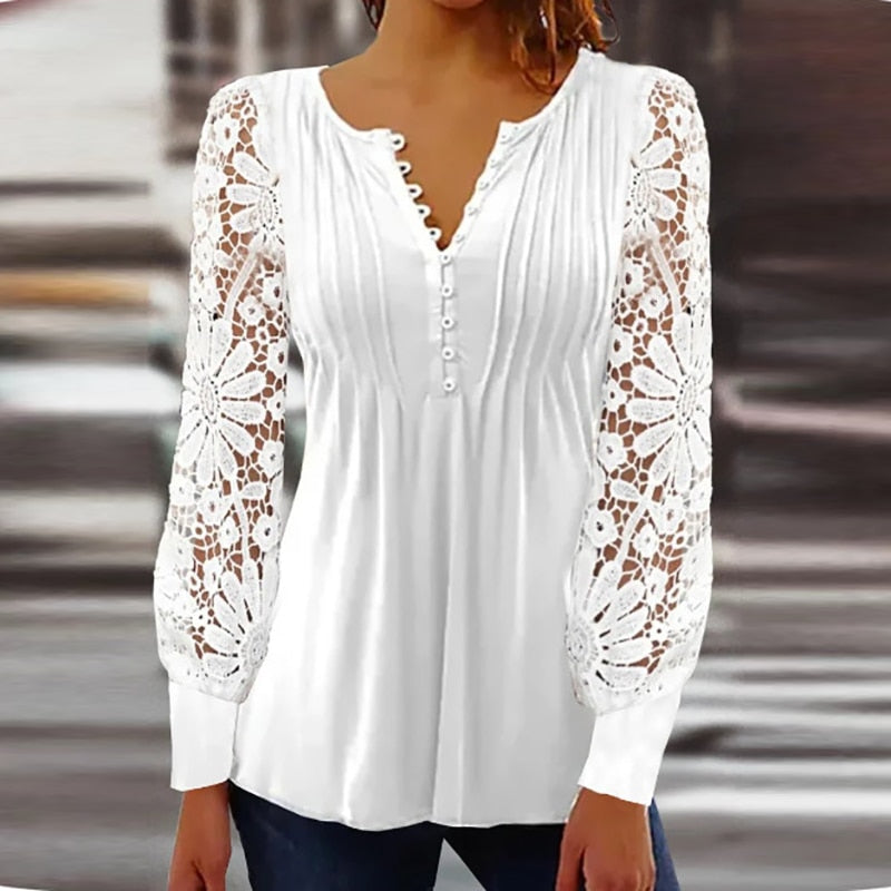 Solid Embroidery Lace Blouse Shirts