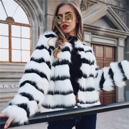 Winter Black and white striped faux fur coat fur coat