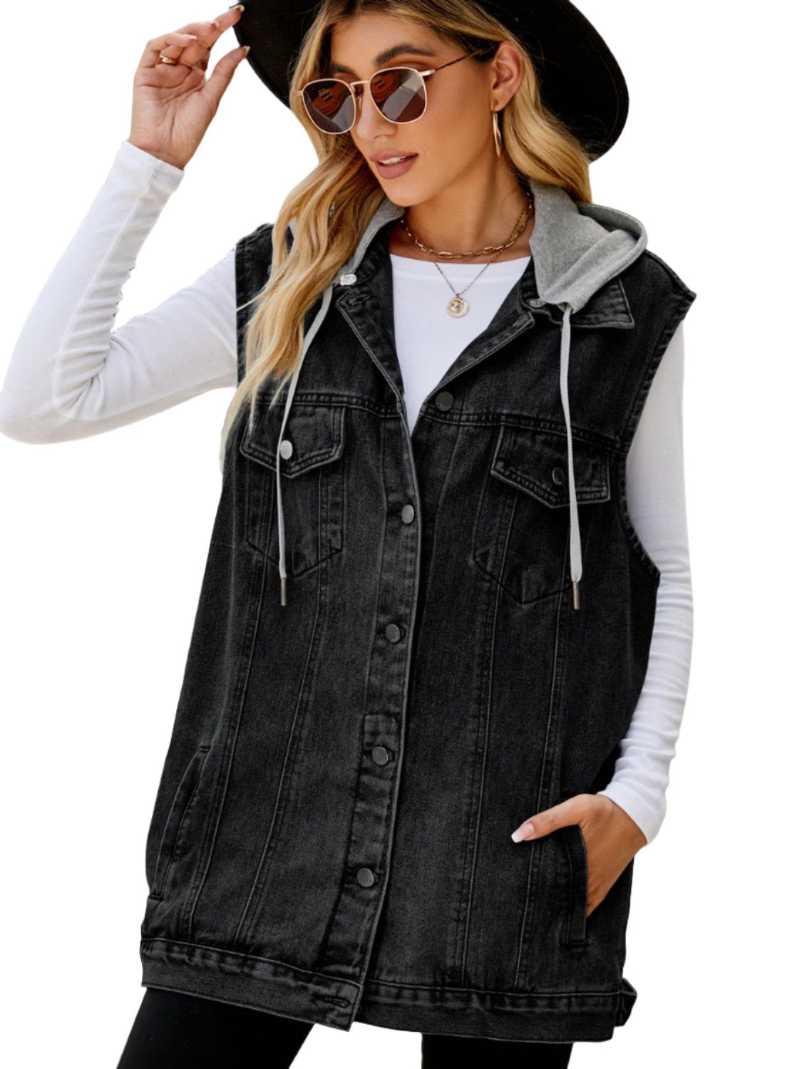 Drawstring Pocketed Button Up Sleeveless Denim Jacket