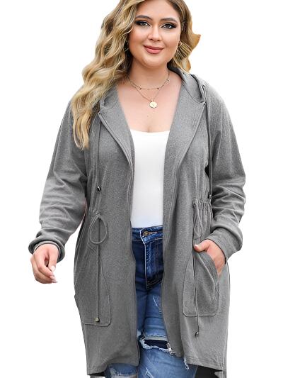 Plus Size Drawstring Pocketed Zip Up Hooded Jacket