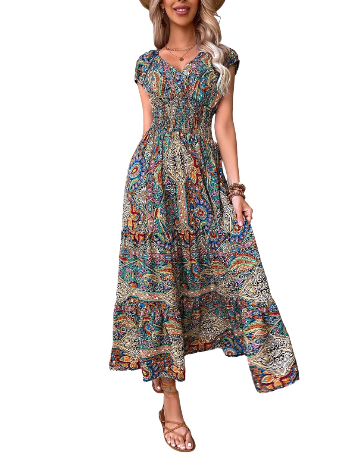 Smocked Printed Cap Sleeve Midi Dress