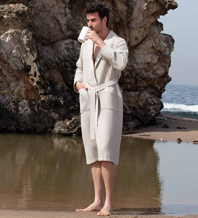 Men's Full Length Lightweight Waffle Spa Robe with Shawl Collar Azure Chestnut