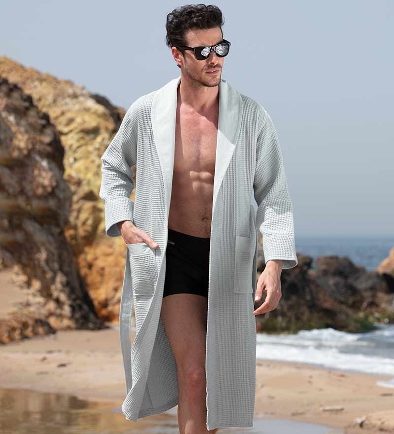 Men's Full Length Lightweight Waffle Spa Robe with Shawl Collar Azure Chestnut