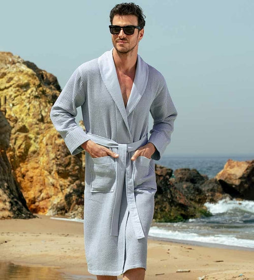 Men's Full Length Lightweight Waffle Spa Robe with Shawl Collar Azure Chestnut