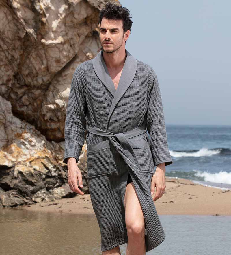 Men's Full Length Lightweight Waffle Spa Robe with Shawl Collar Azure Chestnut