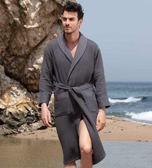 Men's Full Length Lightweight Waffle Spa Robe with Shawl Collar Azure Chestnut