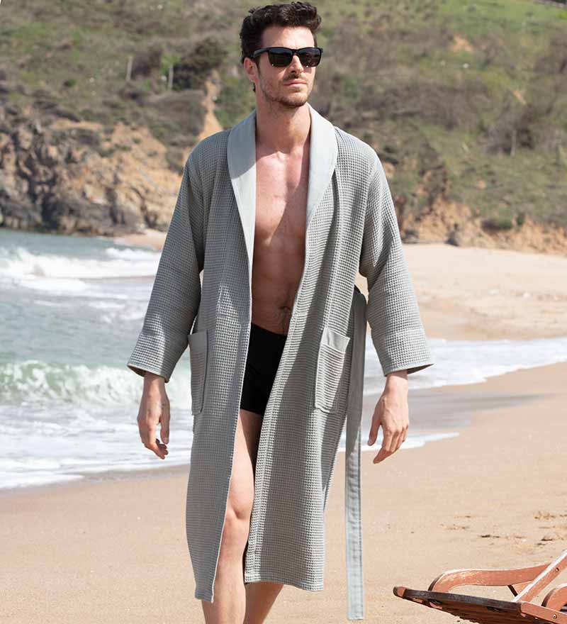 Men's Full Length Lightweight Waffle Spa Robe with Shawl Collar Azure Chestnut